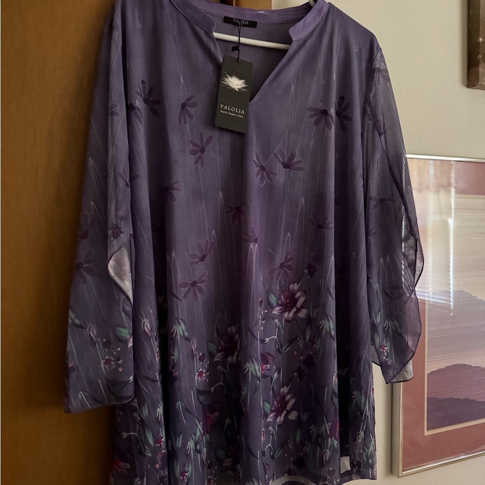 Purple Floral Blouse with flowy 3/4 sleeve. Double layers stretchy fabric